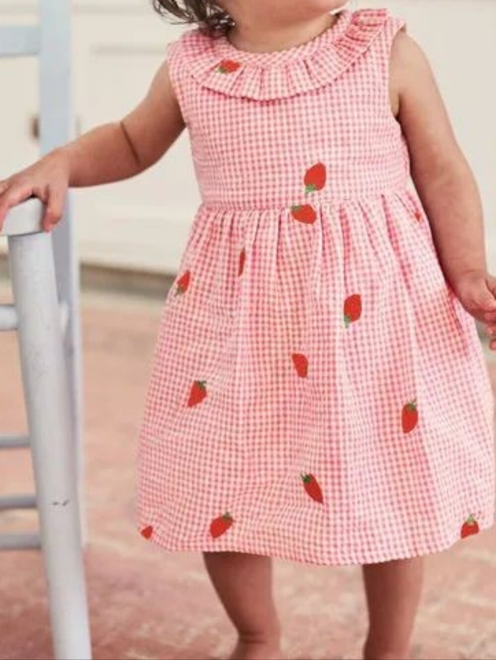 Baby Boden Pink Gingham Dress with Strawberry Appliqués